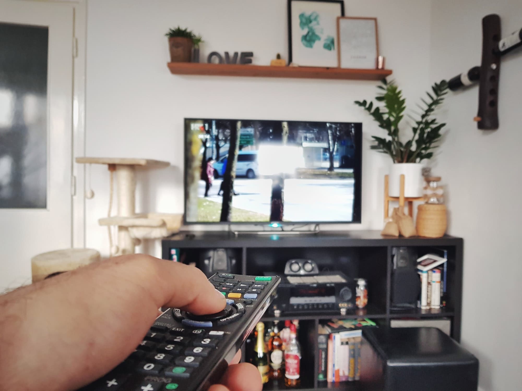 Hand on tv remote